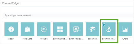 Business Analyst widget selected in the Choose Widget window Business Analyst widget selected in the Choose Widget window